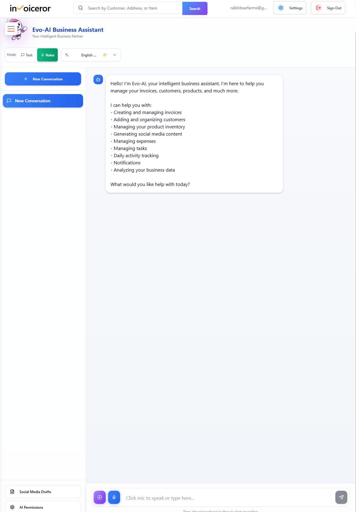 How to start Ai voice conversation for AI task in invoiceror