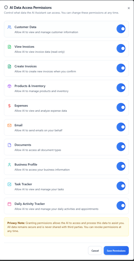 evo-ai business assistant data permission
