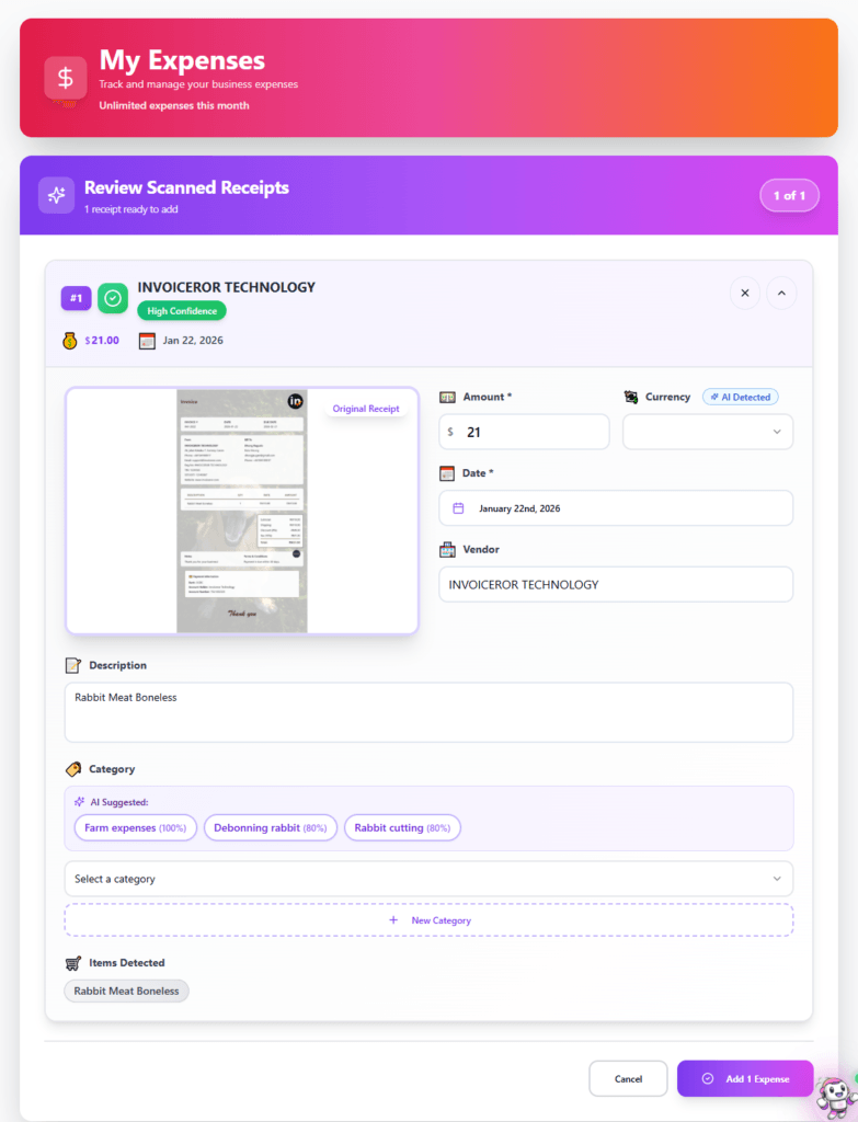 how to add and monitor expenses in invoiceror scan receipt using phone done scan