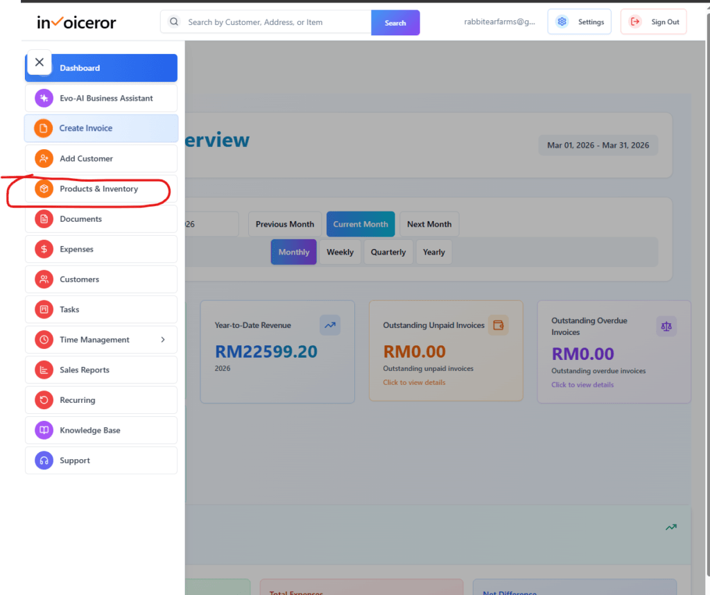 how to add products and inventory in invoiceror -menuc