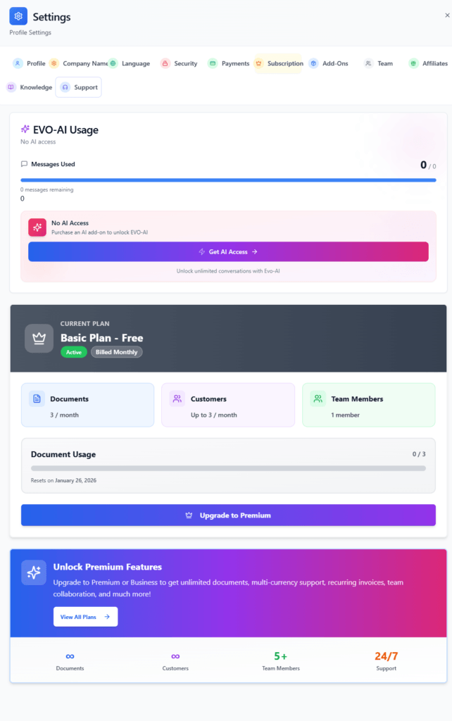 How to set invoiceror settings subscription