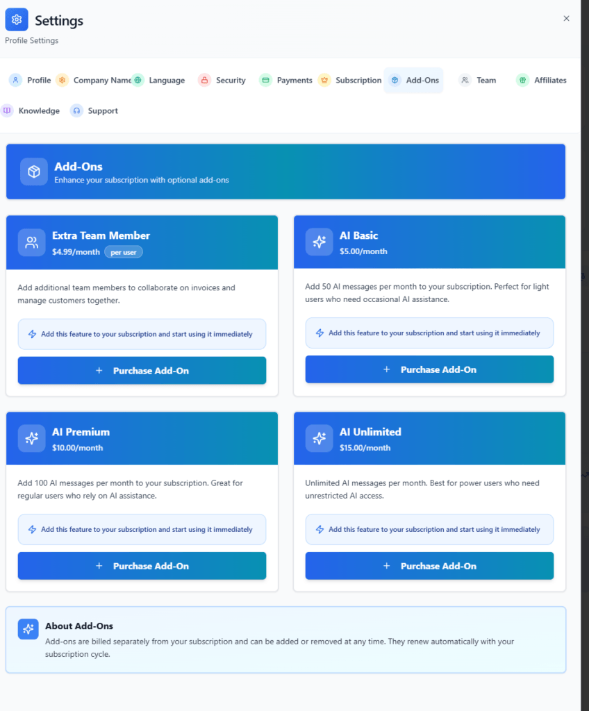invoiceror subscription add-ons