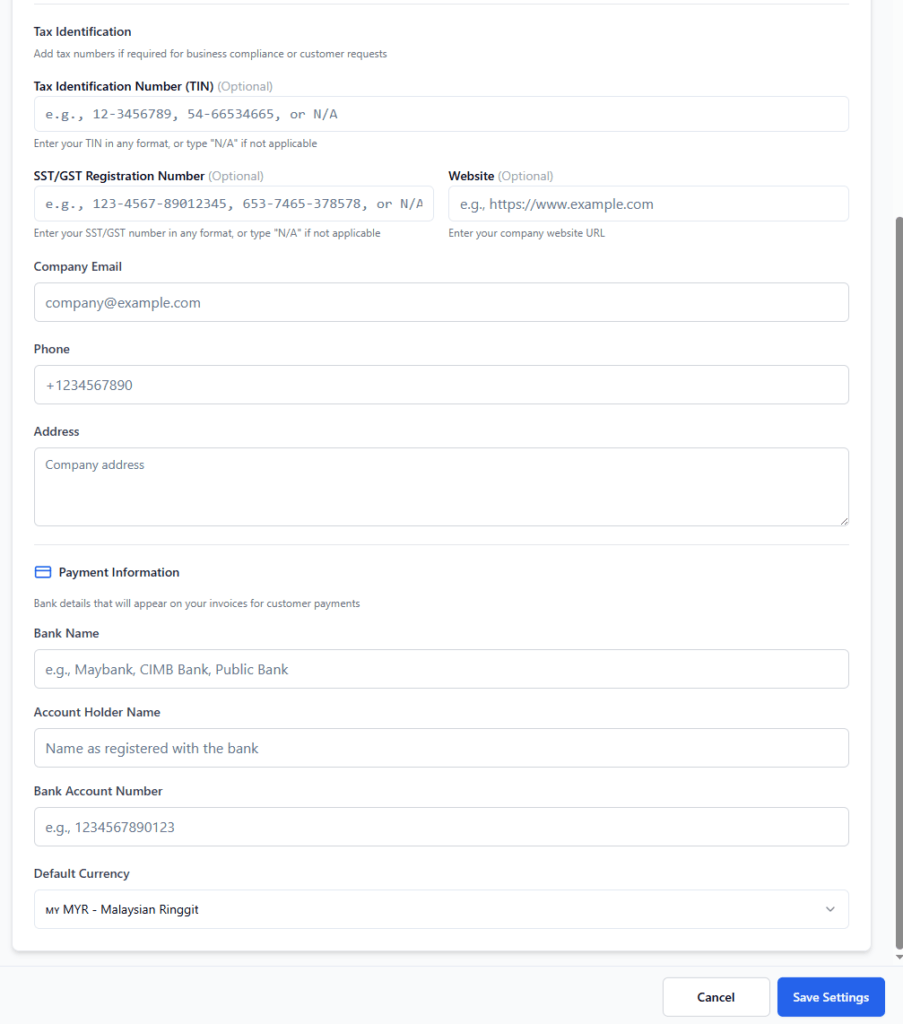 invoiceror settings for company