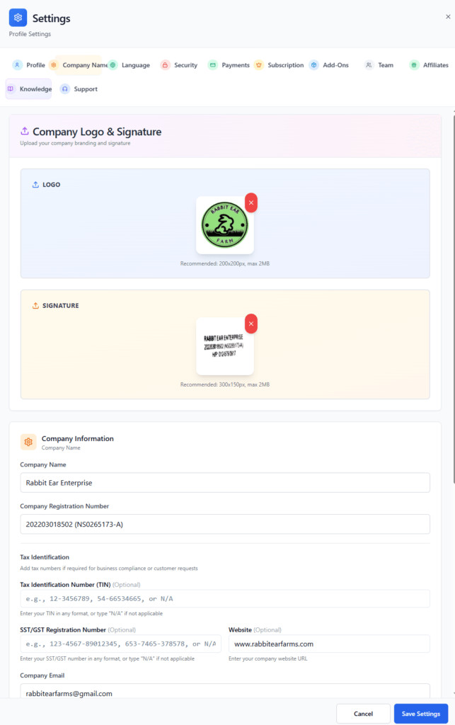 invoiceror settings for company