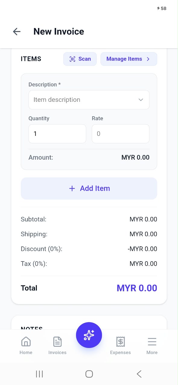 9 Adding items to an invoice with barcode scan and saved items, with automatic subtotal, shipping, discount, tax and total