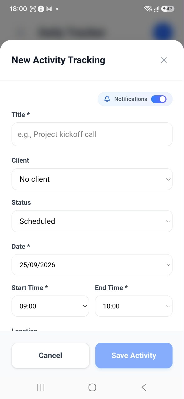22 Adding a new activity in the Invoiceror daily tracker with client, status, date, time and notifications