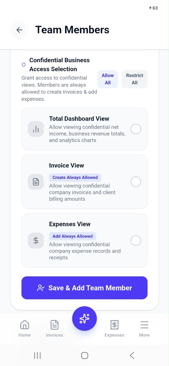 27 Adding a team member with confidential access settings for dashboard, invoices and expenses