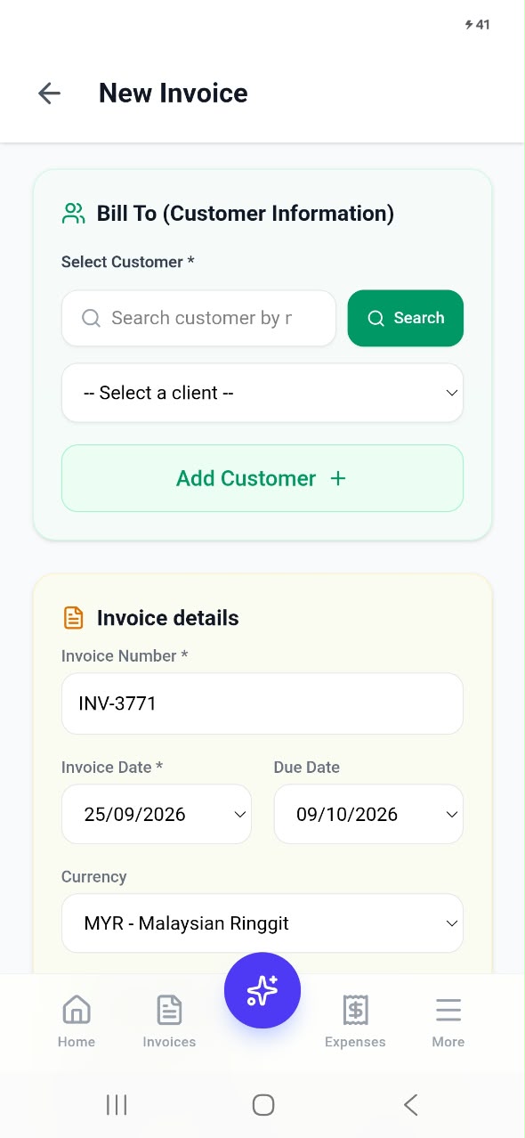 8 Creating a new invoice in the Invoiceror Android app
