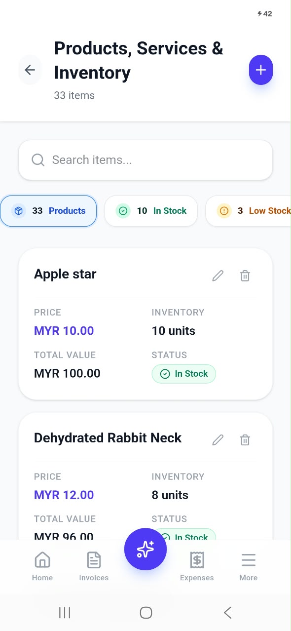17 Products, services and inventory list with price, units, total value and stock status