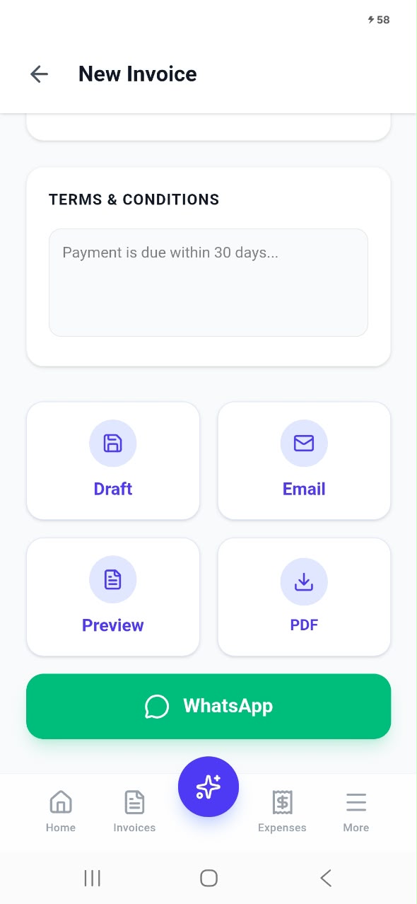 11 Invoice actions: save draft, send by email, preview, download PDF or share on WhatsApp