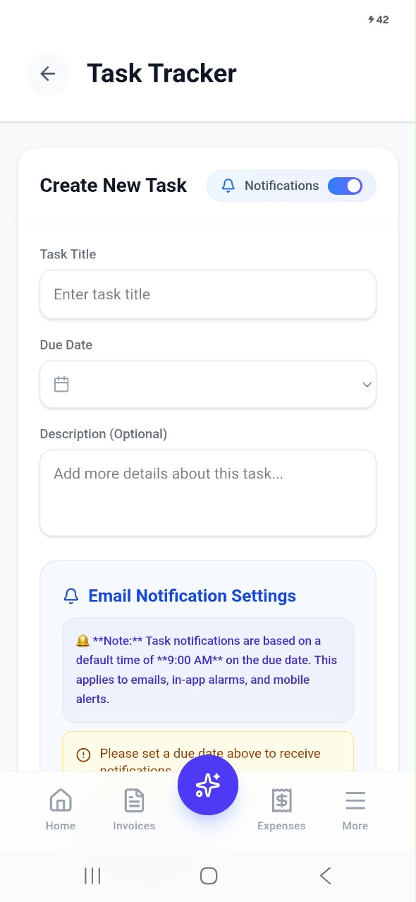 20 Creating a new task with title, due date, description and notifications in Invoiceror