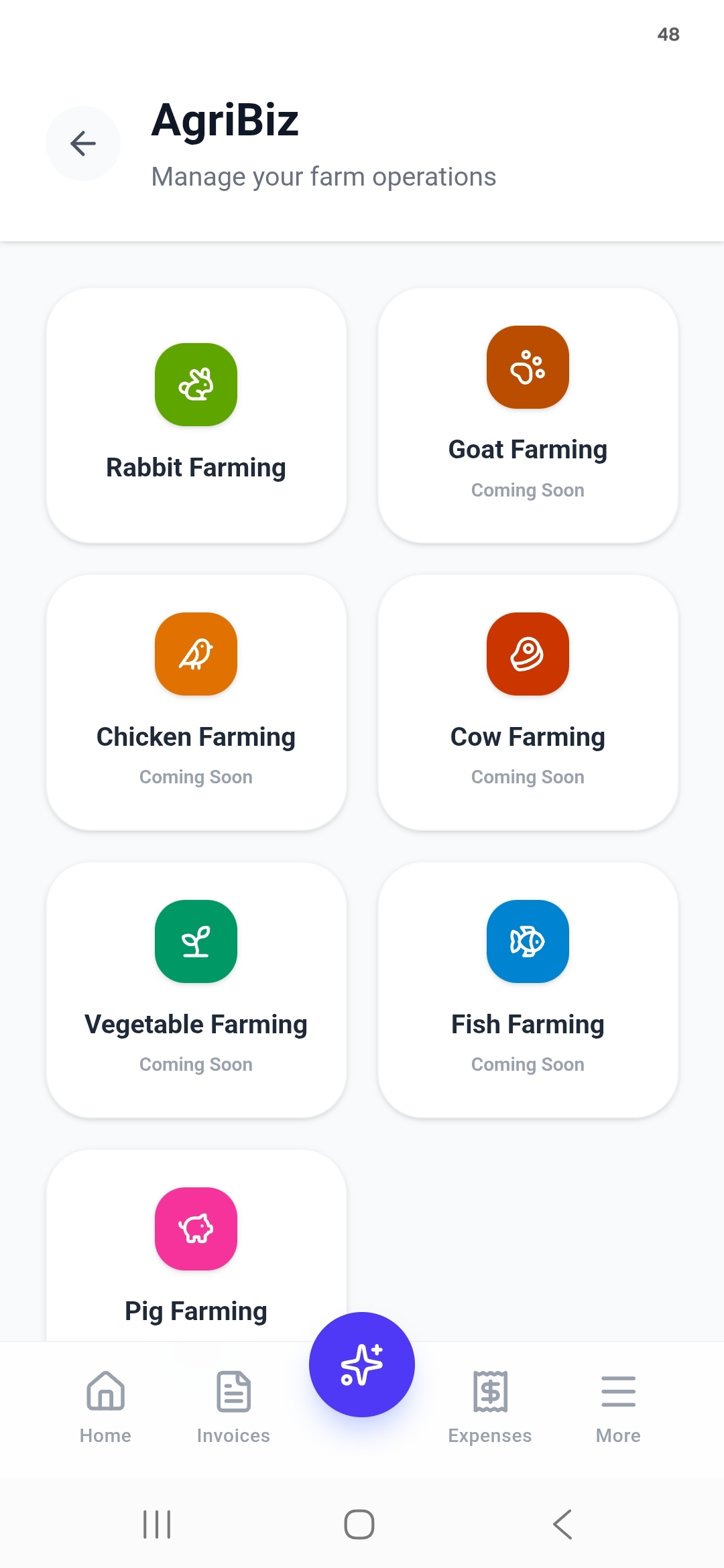 AgriBiz menu with Rabbit Farming active and Goat, Chicken, Cow, Vegetable, Fish and Pig Farming marked Coming Soon