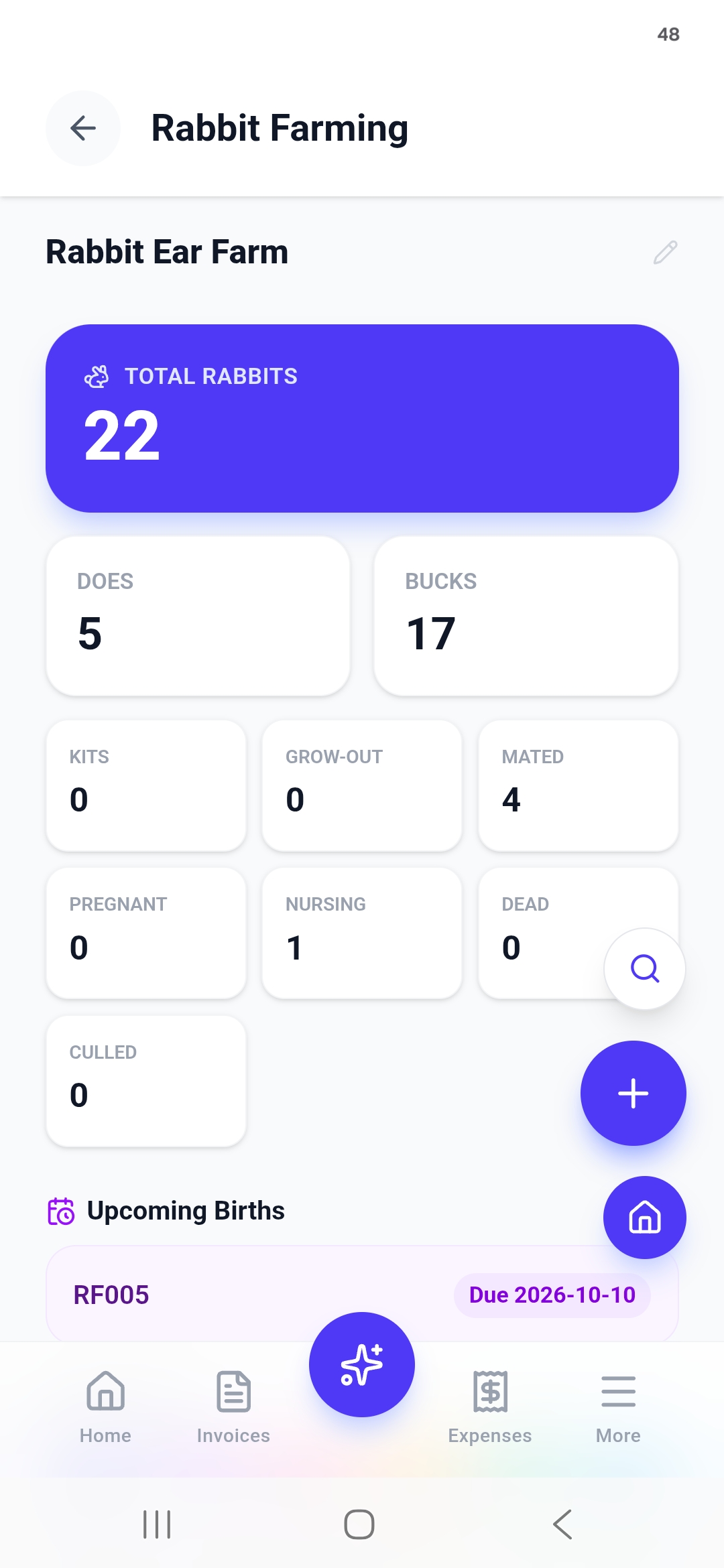 Rabbit Farming dashboard showing 22 total rabbits, does, bucks, kits and upcoming births