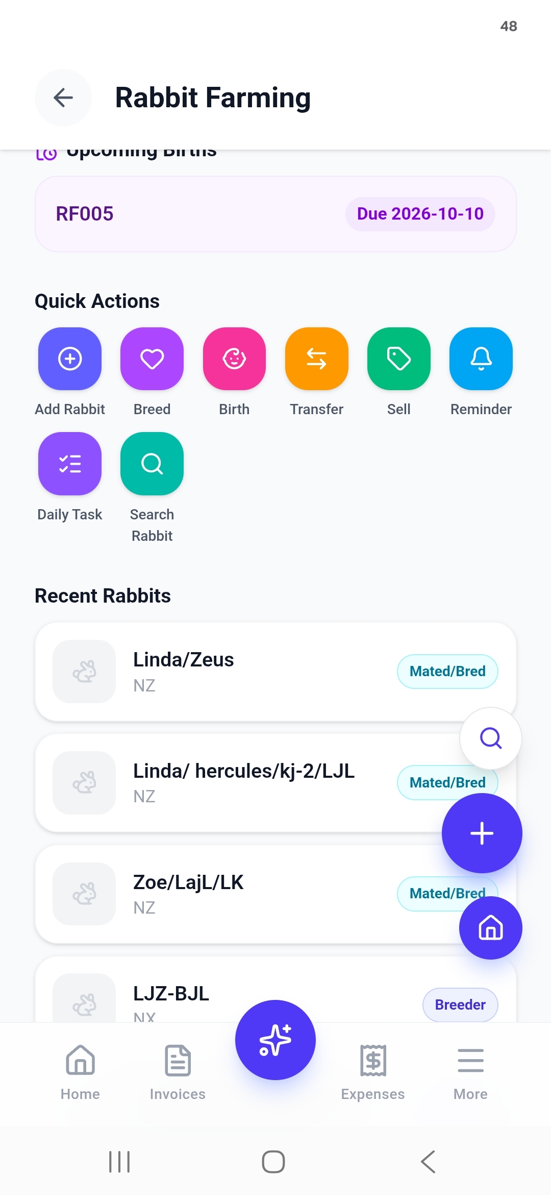 Quick Actions grid and Recent Rabbits list showing tag names and Mated/Bred status pills