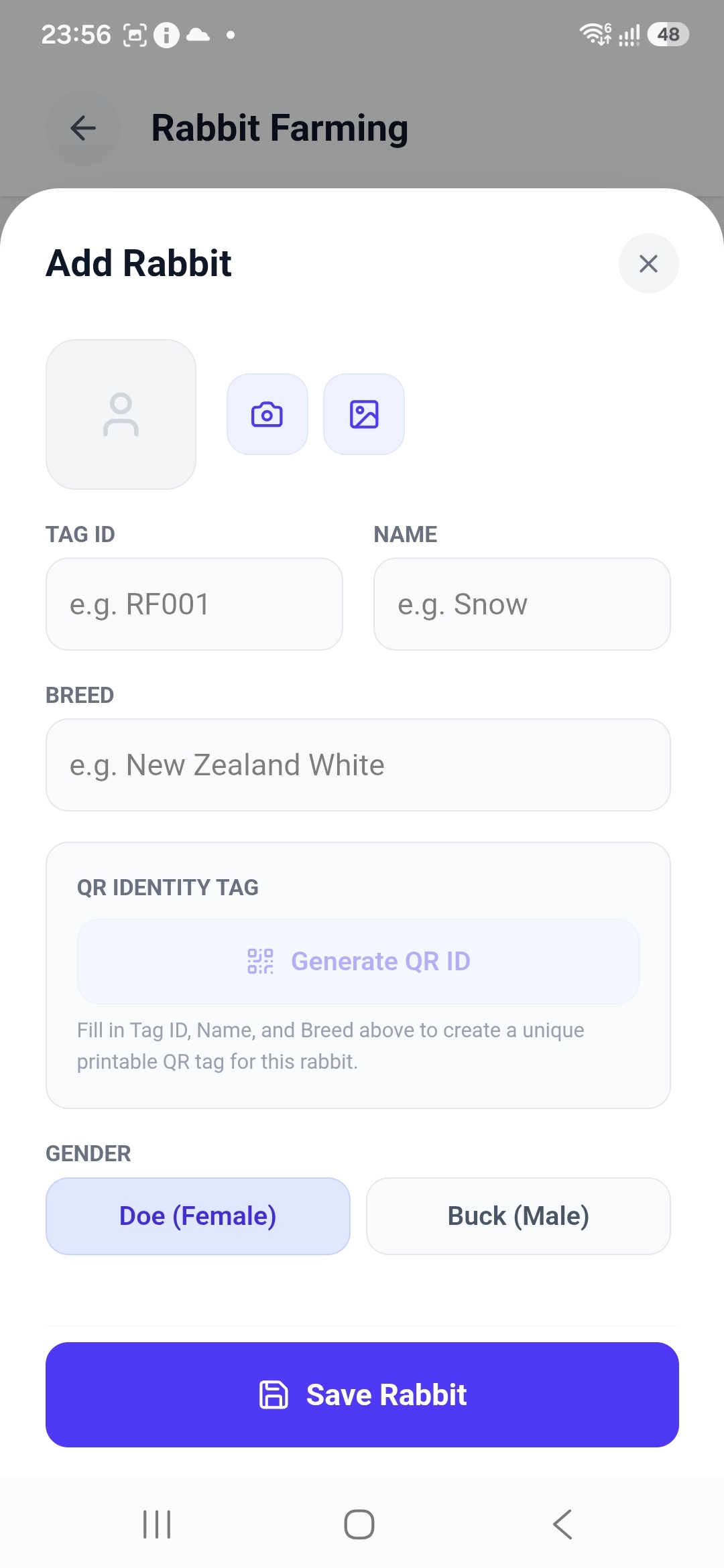 Add Rabbit form with Tag ID, Name, Breed fields, Generate QR ID button and gender toggle