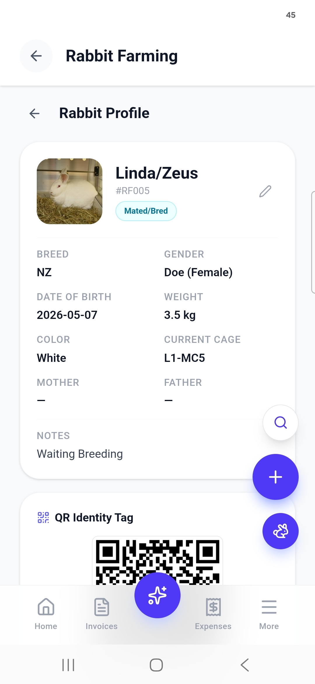Rabbit Profile for Linda/Zeus, tag RF005, with breed, gender, weight, cage, mother and father fields