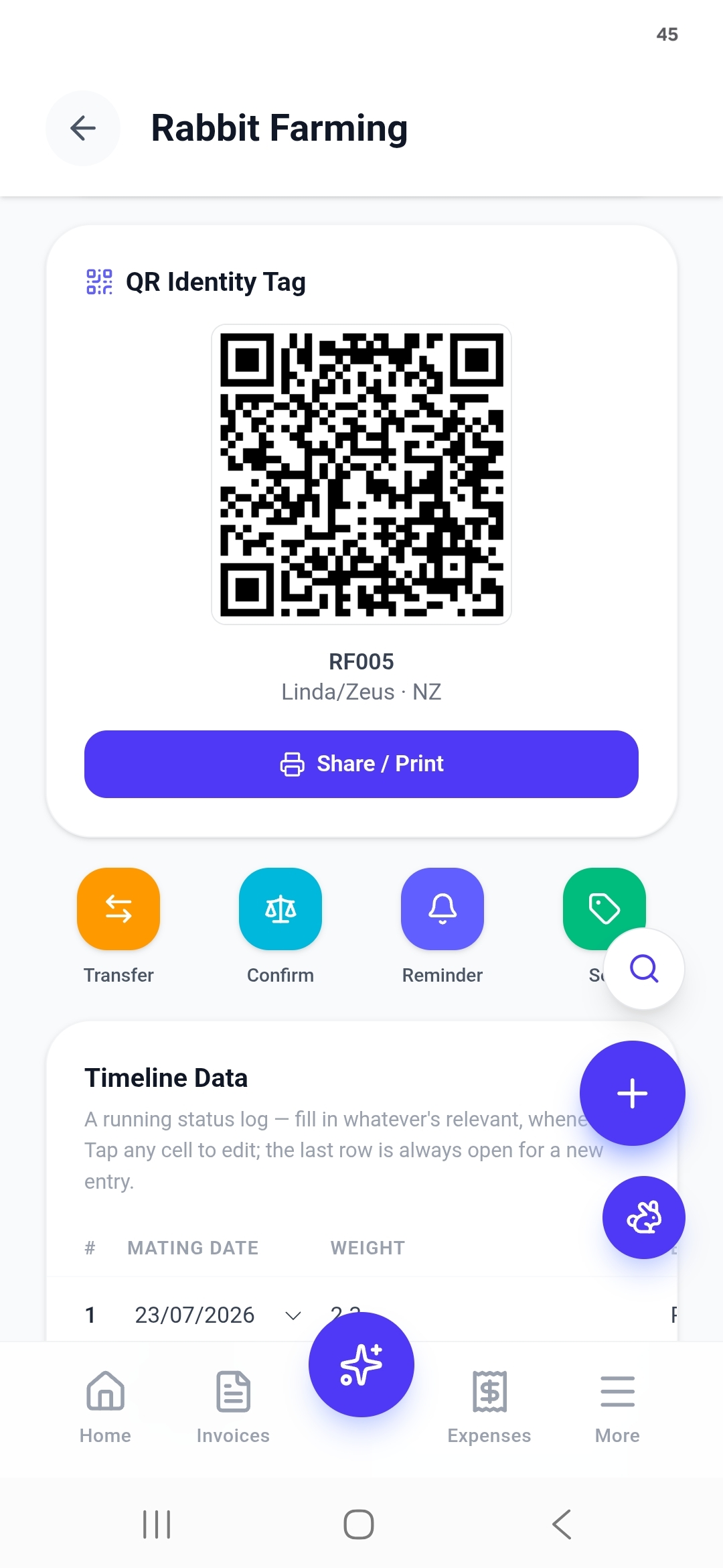 QR Identity Tag for RF005, Linda/Zeus, with a Share / Print button