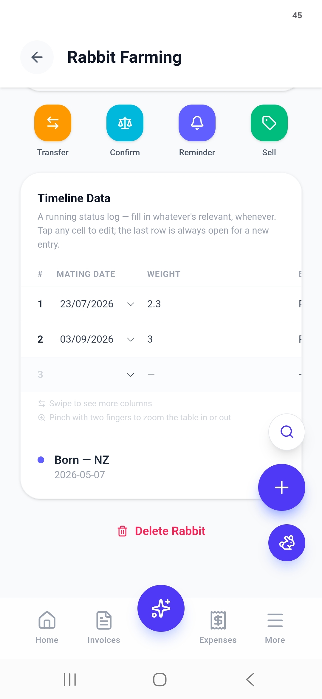 Timeline Data table with Mating Date and Weight columns, swipe and pinch-to-zoom hints