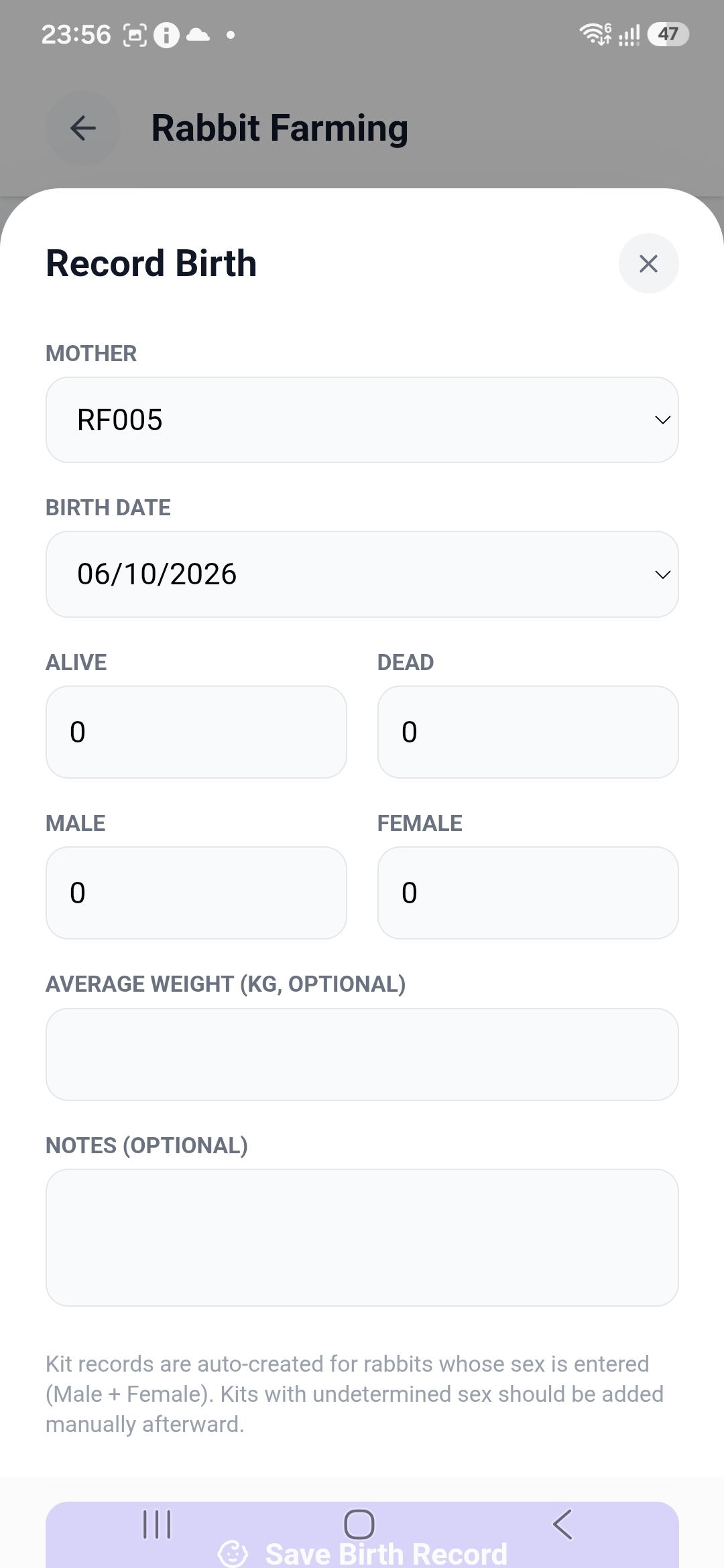 Record Birth form for mother RF005 with alive, dead, male and female counts