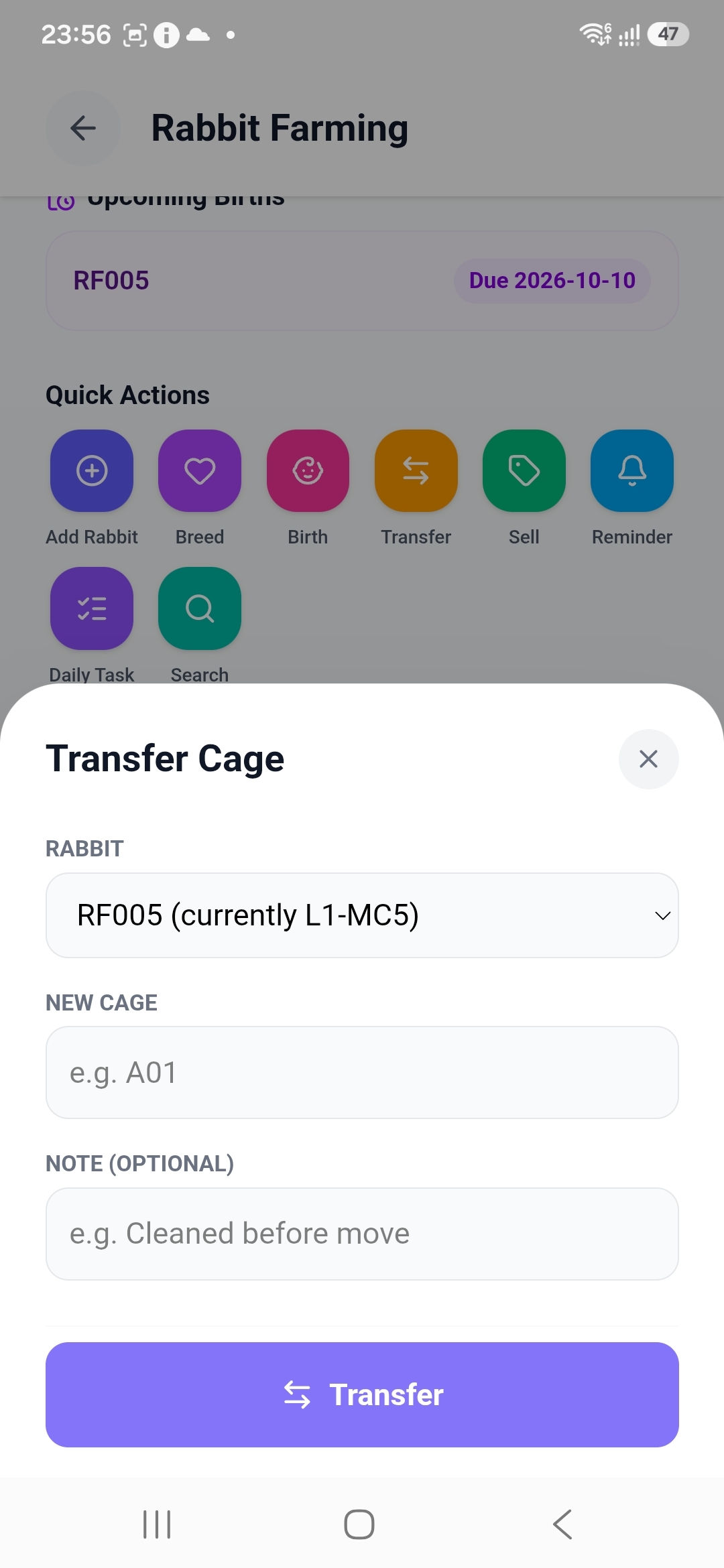 Transfer Cage form moving RF005 from L1-MC5 to a new cage code