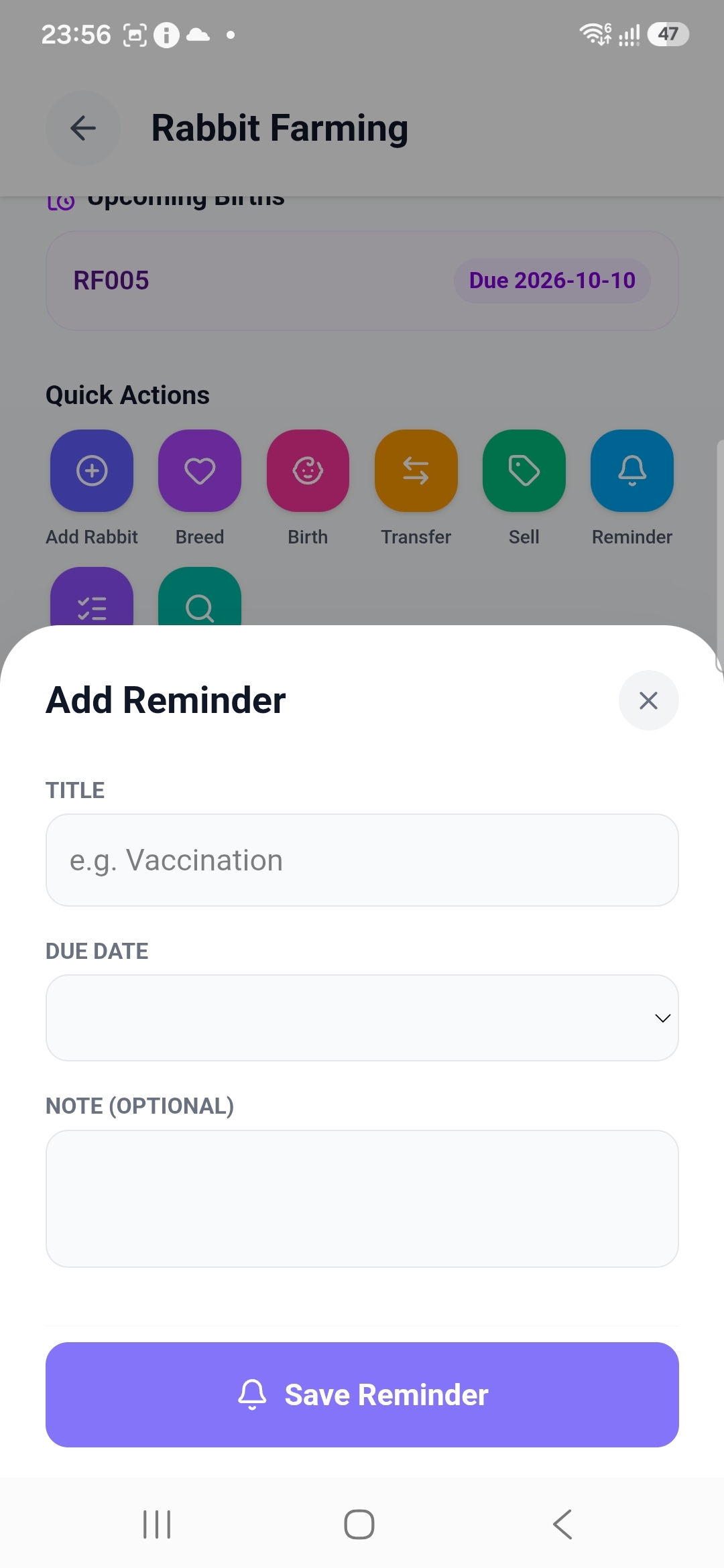 Add Reminder form with a Vaccination title and due date