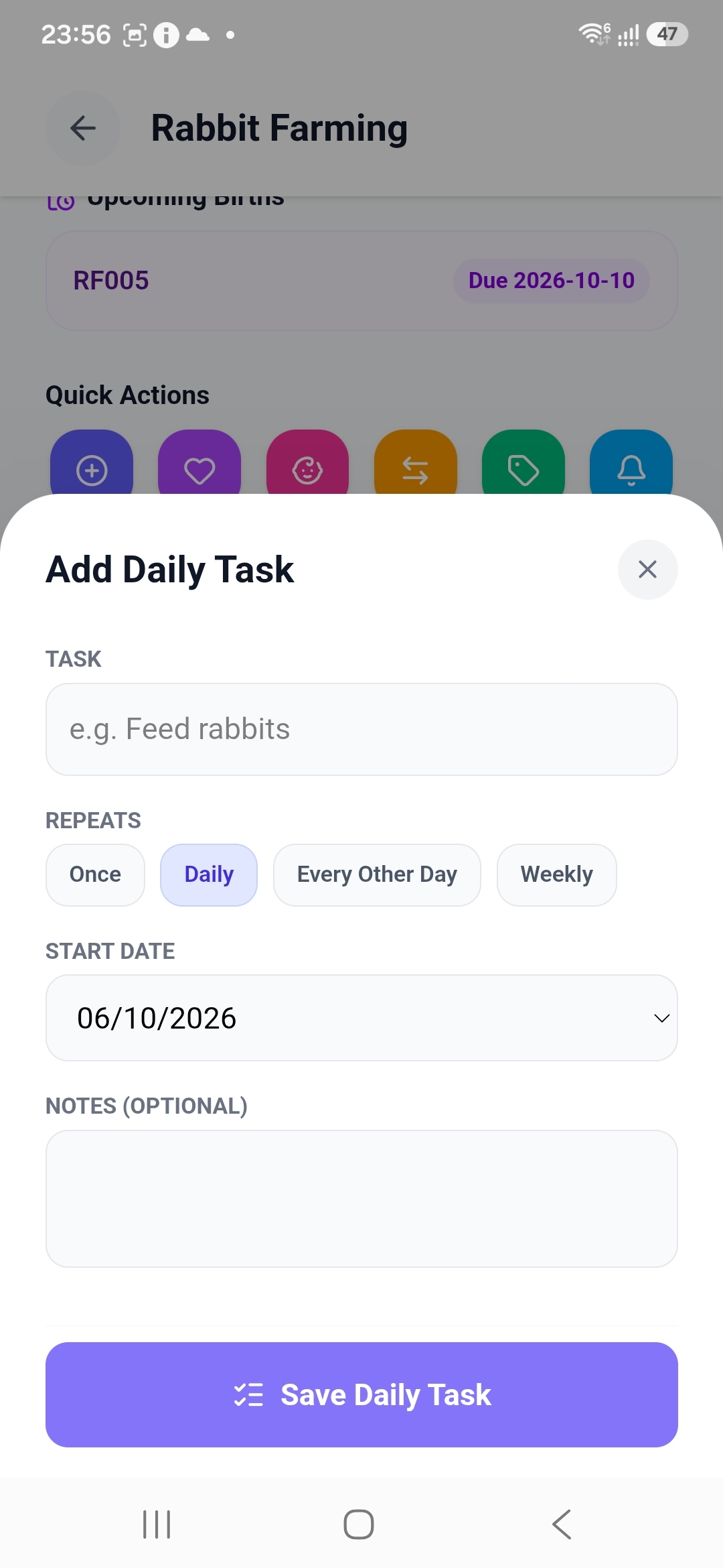 Add Daily Task form with Feed rabbits task, Daily repeat selected, and a start date
